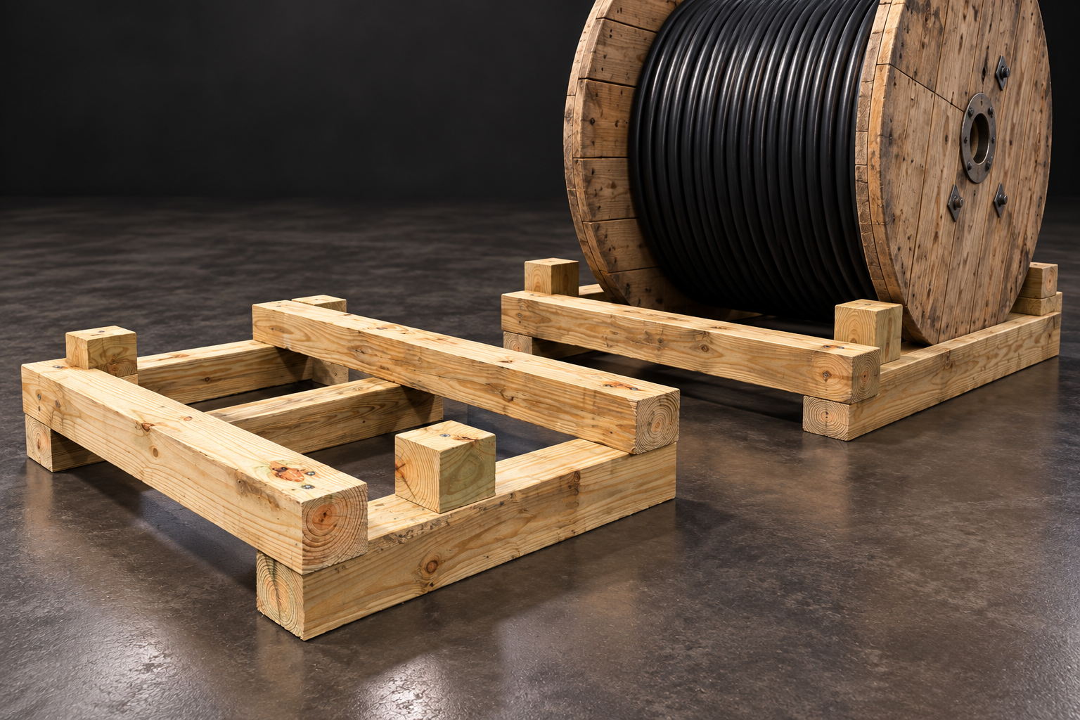 Concept render of wooden cable reel cradles