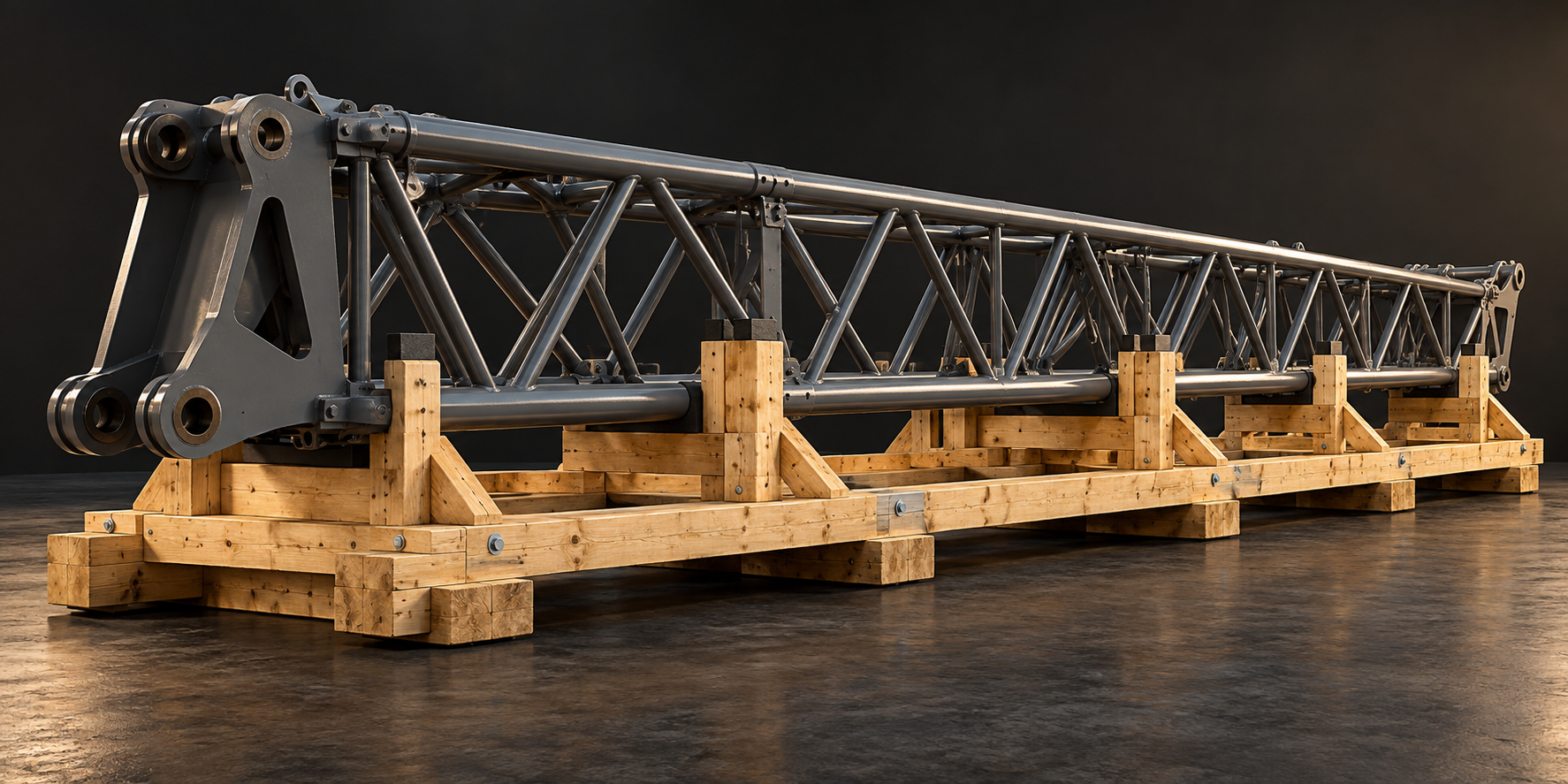 Concept render of a crane boom section on a custom wooden transport skid