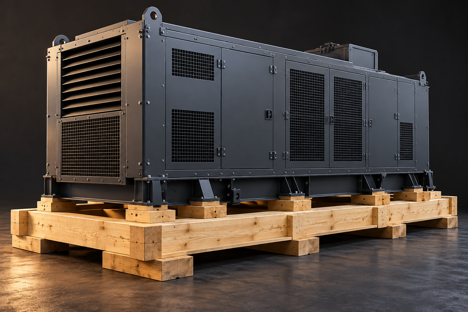 Concept render of a large industrial generator on a wooden shipping skid