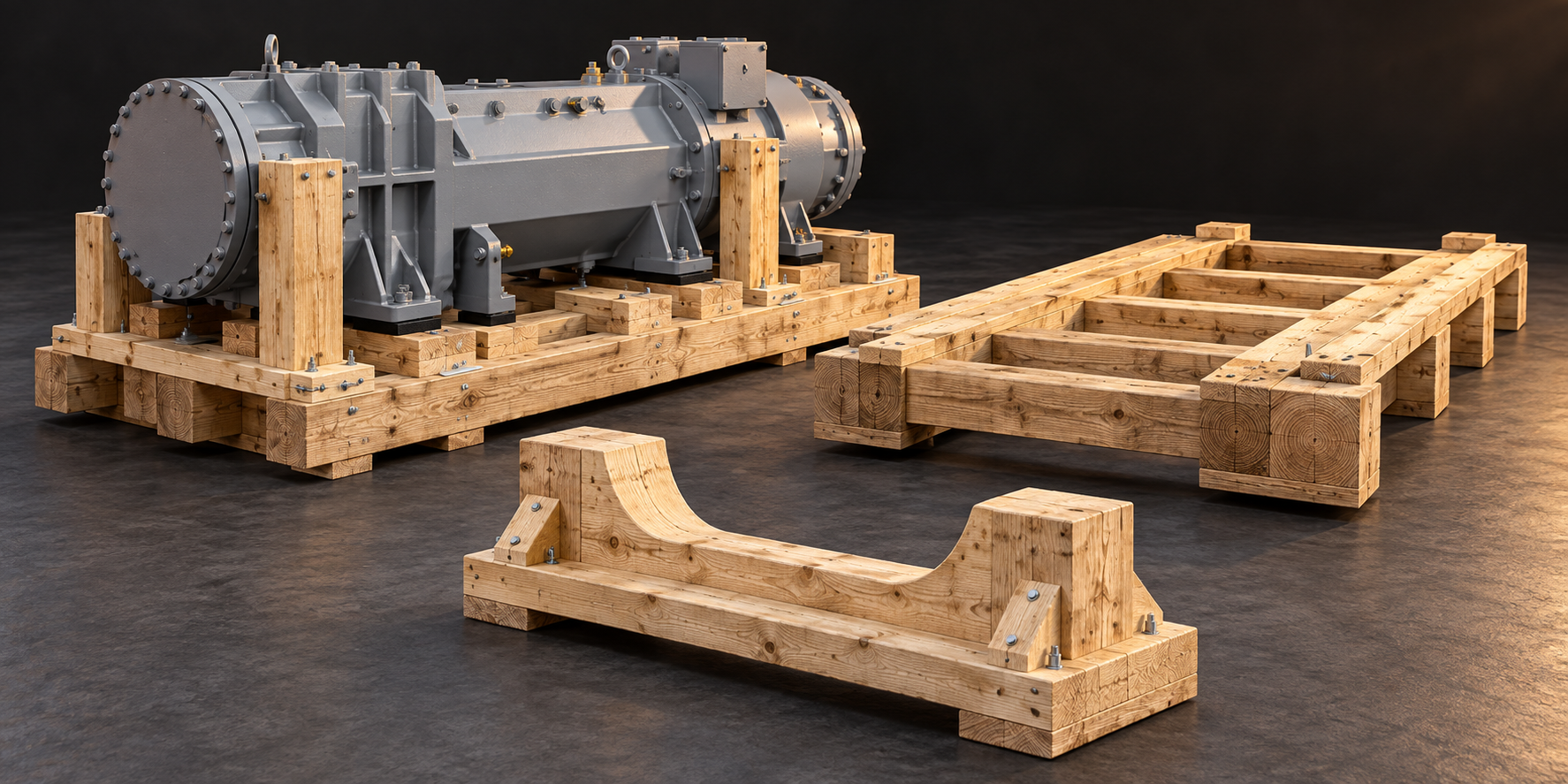 Concept render of wooden skids for a heavy machine